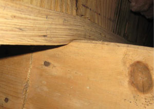 A failing girder showing signs of compression damage in a Georgia home